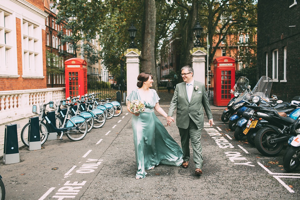 A pale green silk dress by The State of Grace, for an elegant London Wedding. Photography by Lee Garland.