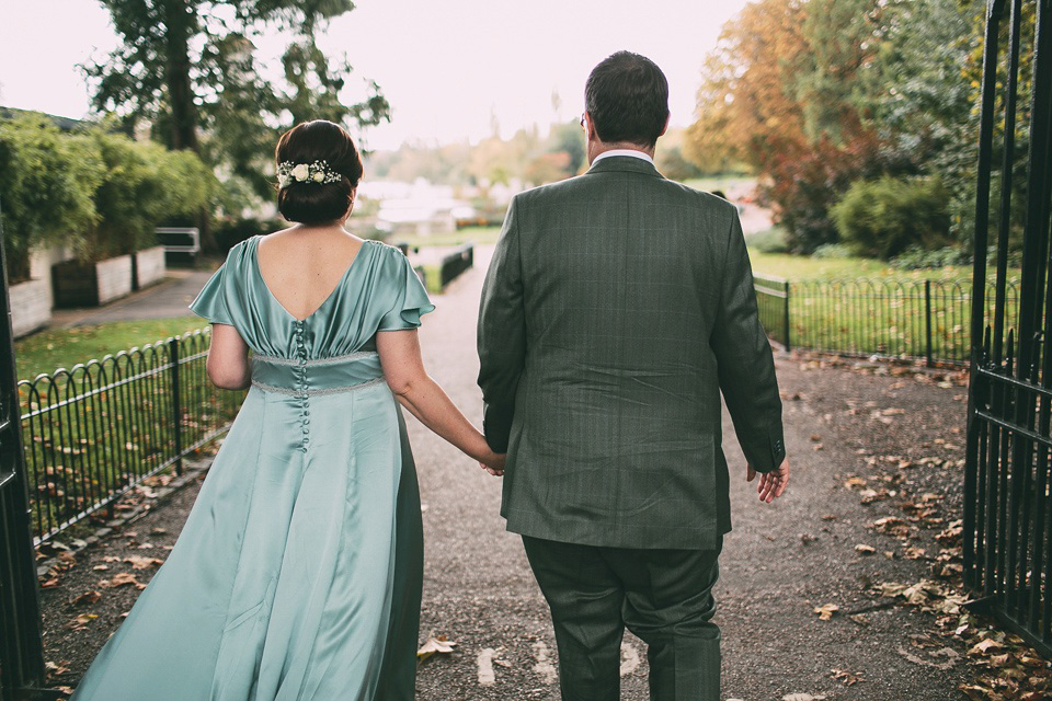 A pale green silk dress by The State of Grace, for an elegant London Wedding. Photography by Lee Garland.