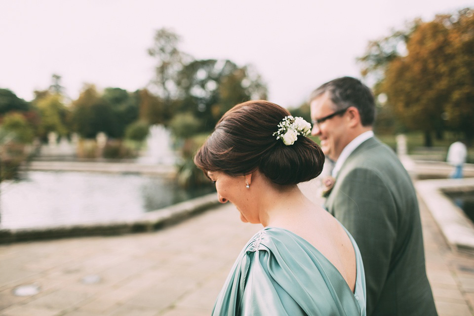 A pale green silk dress by The State of Grace, for an elegant London Wedding. Photography by Lee Garland.