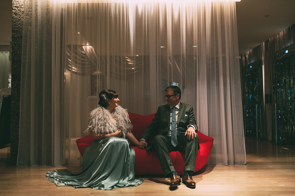 A pale green silk dress by The State of Grace, for an elegant London Wedding. Photography by Lee Garland.