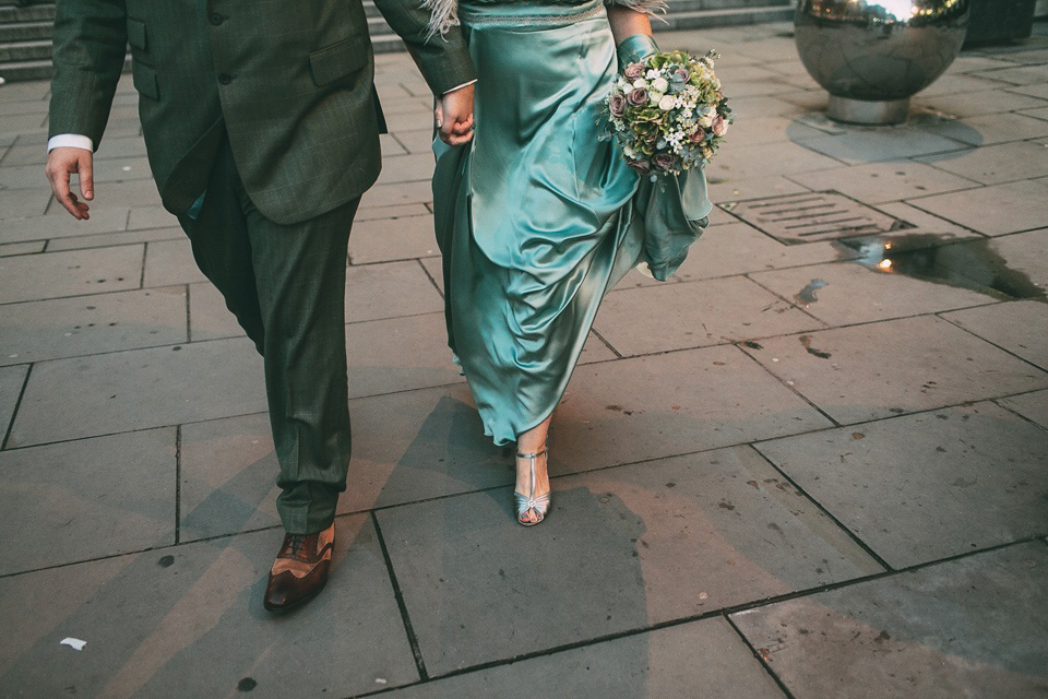 A pale green silk dress by The State of Grace, for an elegant London Wedding. Photography by Lee Garland.