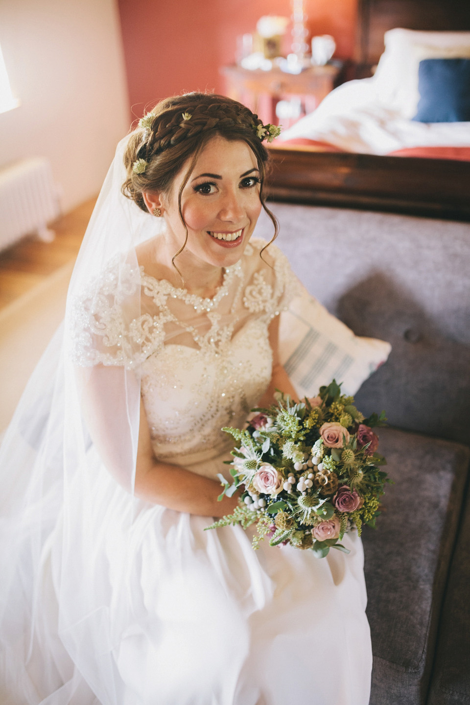 An elegant rustic Autumn wedding with a bride wearing flowers in her hair. Photography by Sally T.