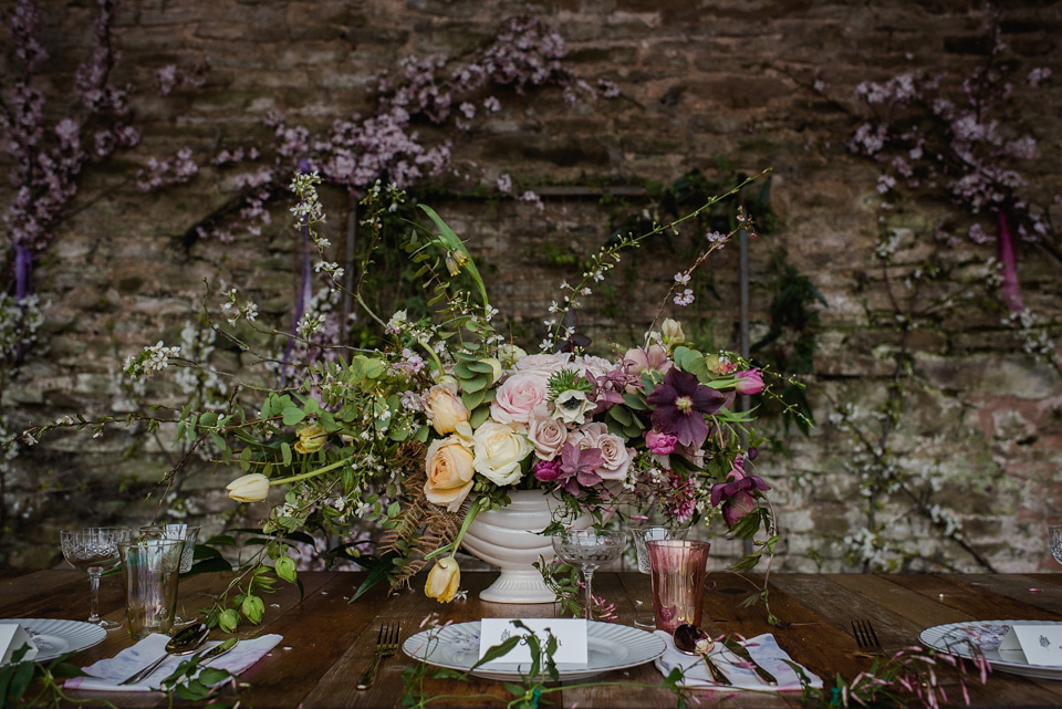 Floral wedding dresses and beauteous bridal details and table decor. All the suppliers involved in this shoot are listed on the Mr & Mrs Smith directory of alternative wedding suppliers. Visit mrandmrsunique.co.uk. Photography by Alexa Loy.