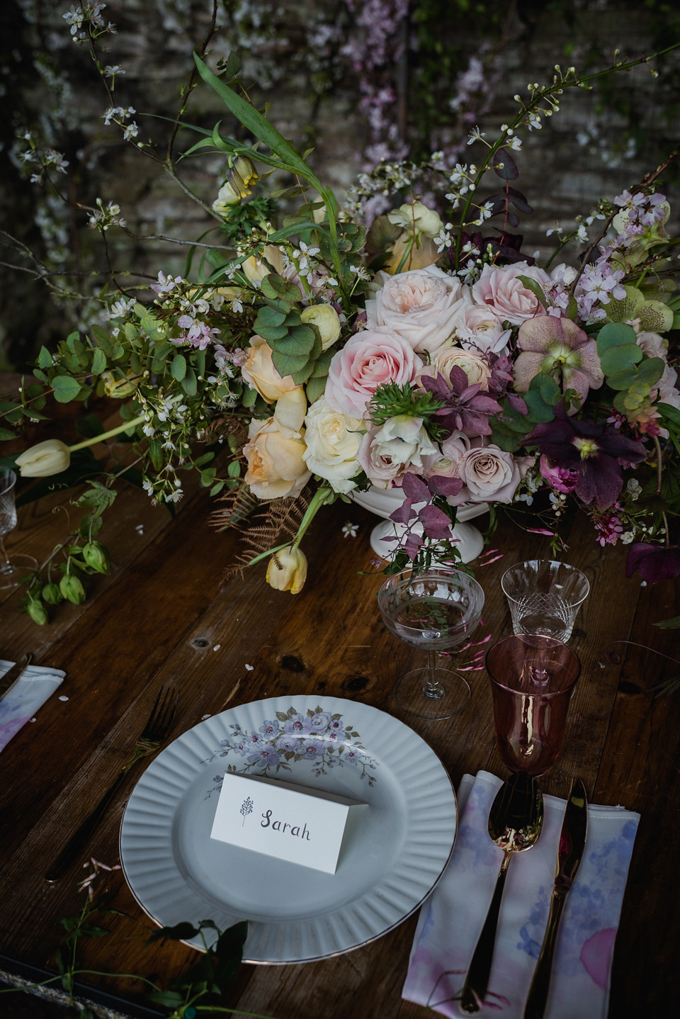 Floral wedding dresses and beauteous bridal details and table decor. All the suppliers involved in this shoot are listed on the Mr & Mrs Smith directory of alternative wedding suppliers. Visit mrandmrsunique.co.uk. Photography by Alexa Loy.