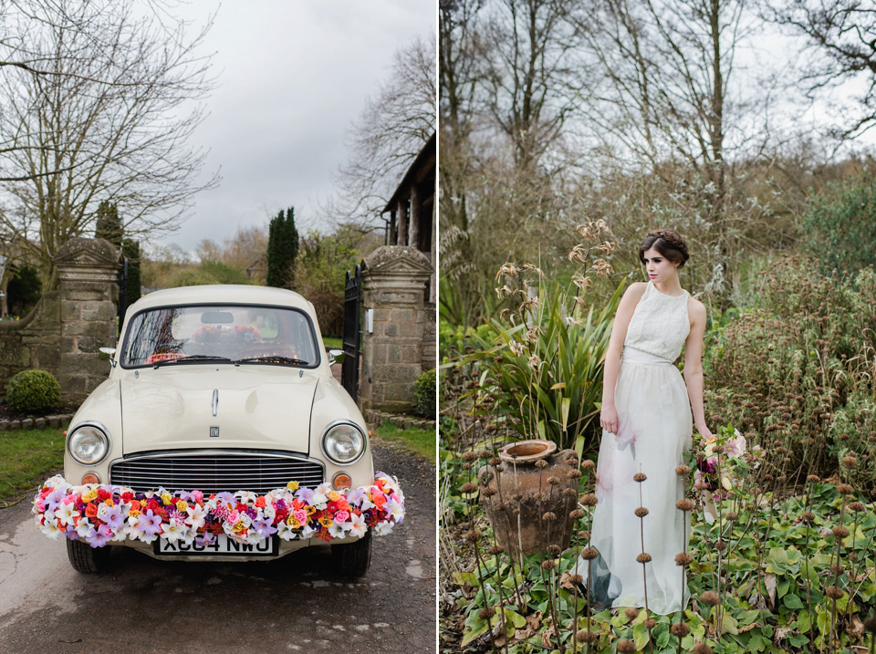 Floral wedding dresses and beauteous bridal details and table decor. All the suppliers involved in this shoot are listed on the Mr & Mrs Smith directory of alternative wedding suppliers. Visit mrandmrsunique.co.uk. Photography by Alexa Loy.