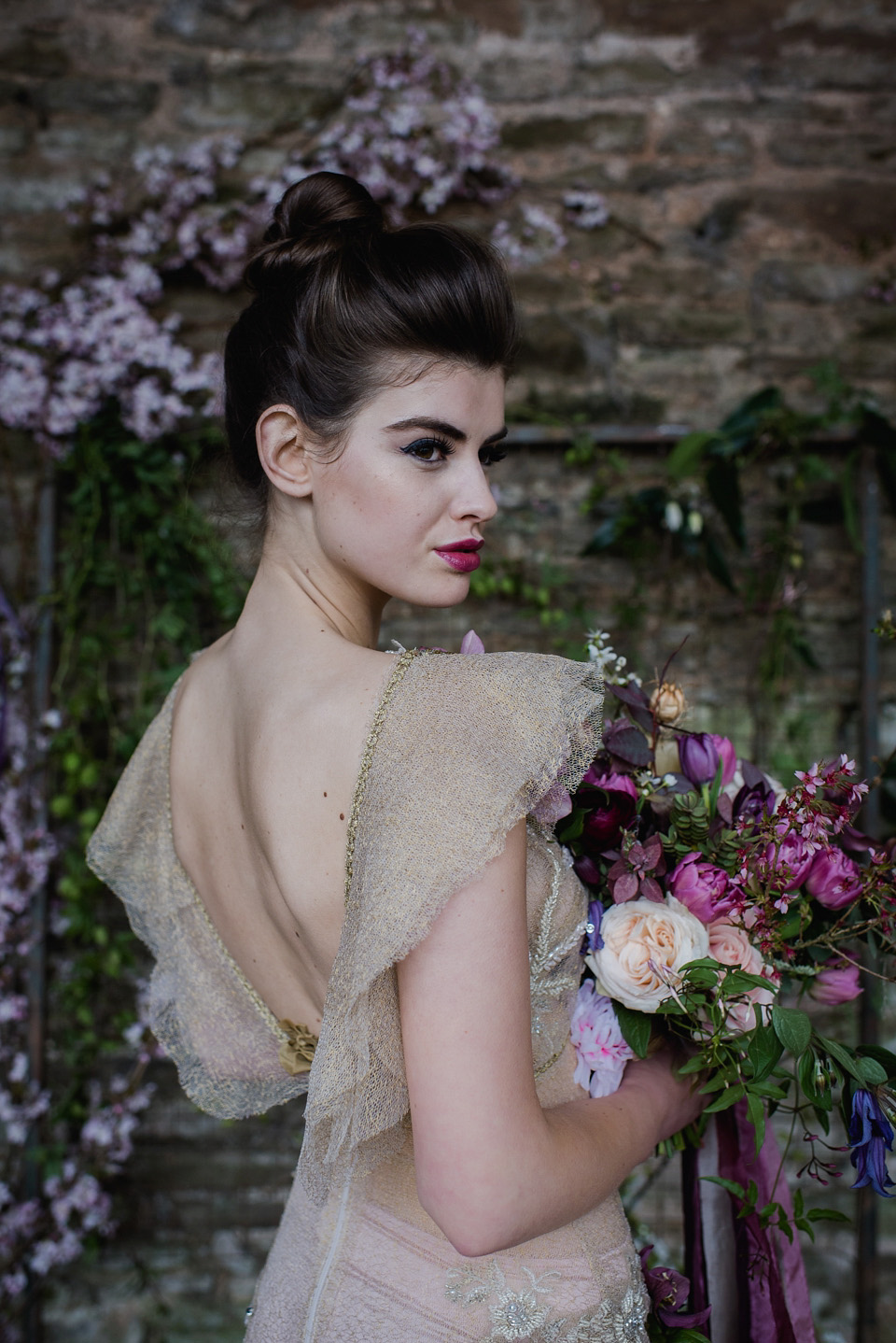 Floral wedding dresses and beauteous bridal details and table decor. All the suppliers involved in this shoot are listed on the Mr & Mrs Smith directory of alternative wedding suppliers. Visit mrandmrsunique.co.uk. Photography by Alexa Loy.