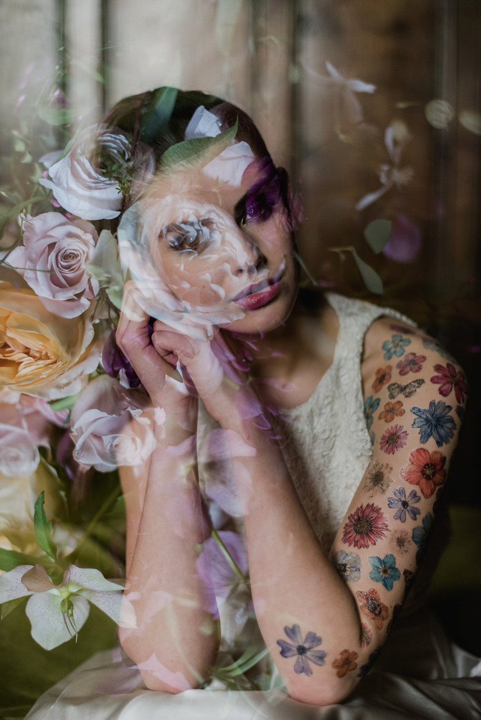 Floral wedding dresses and beauteous bridal details and table decor. All the suppliers involved in this shoot are listed on the Mr & Mrs Smith directory of alternative wedding suppliers. Visit mrandmrsunique.co.uk. Photography by Alexa Loy.