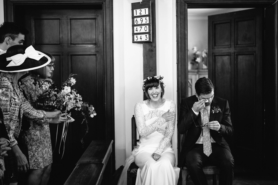 The bride wears 'Olsen' by Rime Arodaky, a purchase from The Mews Notting Hill, for her Scottish country house wedding at Eastwood House. Photography by Caro Weiss.