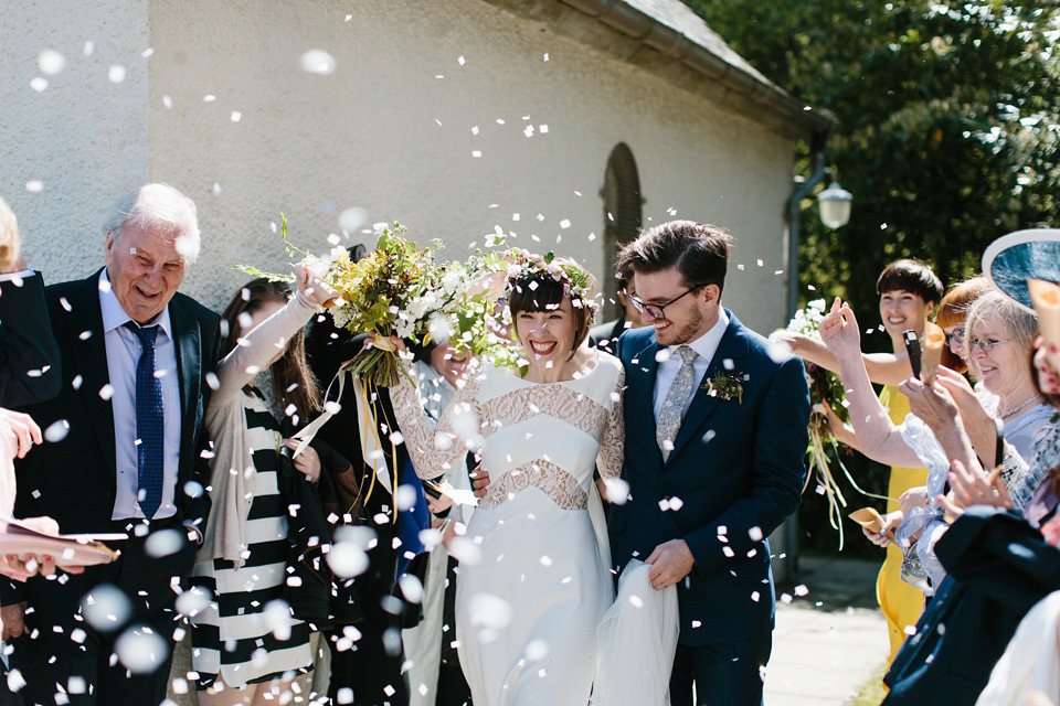 The bride wears 'Olsen' by Rime Arodaky, a purchase from The Mews Notting Hill, for her Scottish country house wedding at Eastwood House. Photography by Caro Weiss.