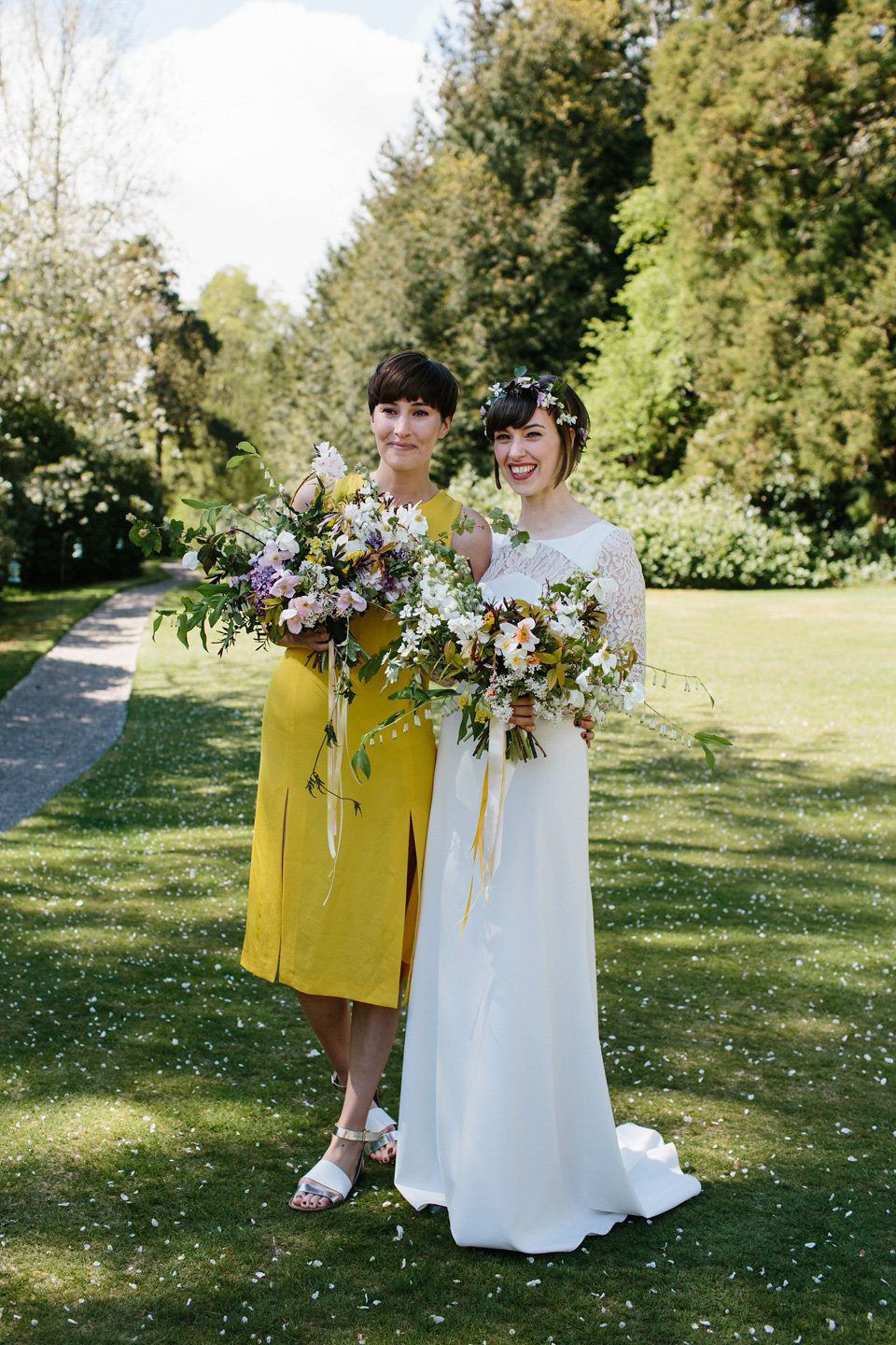 The bride wears 'Olsen' by Rime Arodaky, a purchase from The Mews Notting Hill, for her Scottish country house wedding at Eastwood House. Photography by Caro Weiss.