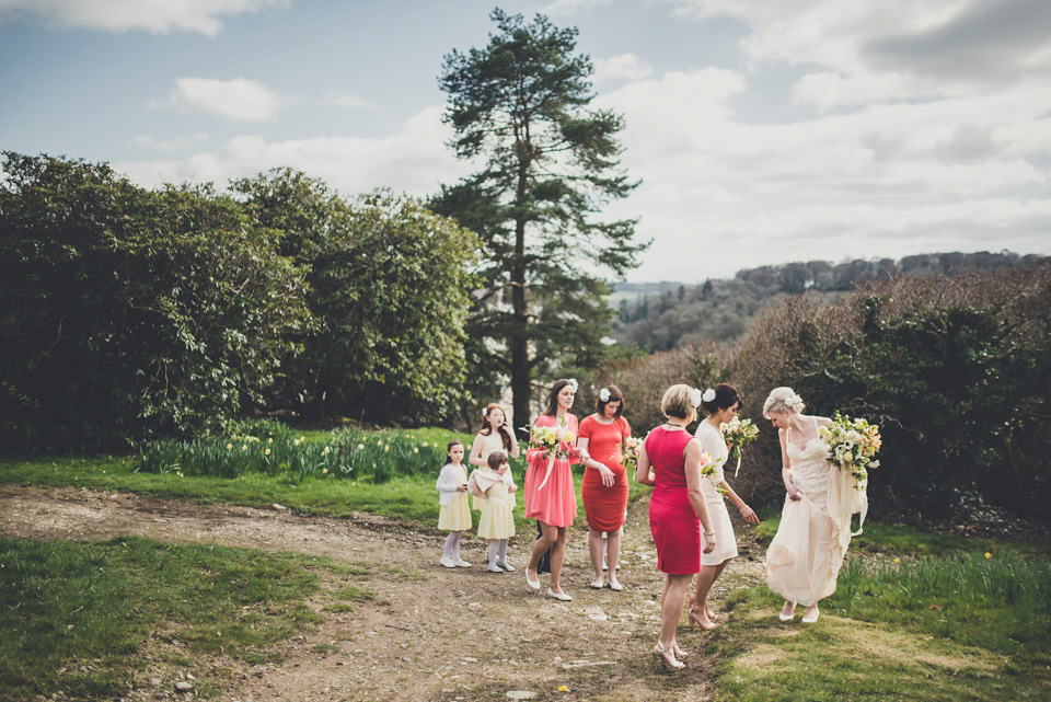 The bride made her own beautiful dress for her Spring time wedding in Cornwall. Photography by Amy Shore.