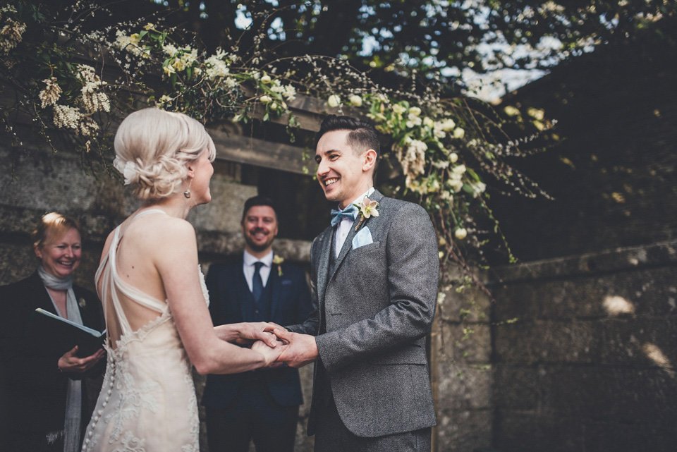 The bride made her own beautiful dress for her Spring time wedding in Cornwall. Photography by Amy Shore.