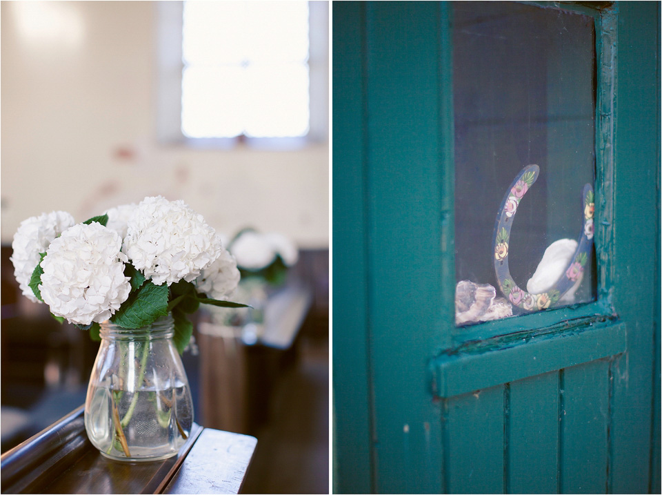 The bride wears a 1930s original vintage wedding gown for her village hall wedding in Scotland. Photography by Michelle Turnbull.