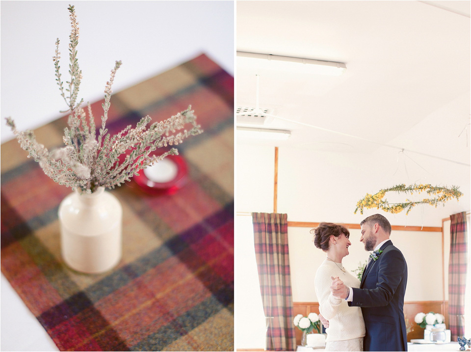 The bride wears a 1930s original vintage wedding gown for her village hall wedding in Scotland. Photography by Michelle Turnbull.