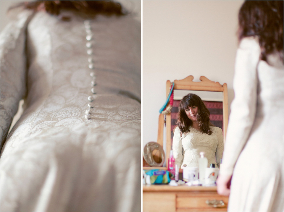 The bride wears a 1930s original vintage wedding gown for her village hall wedding in Scotland. Photography by Michelle Turnbull.