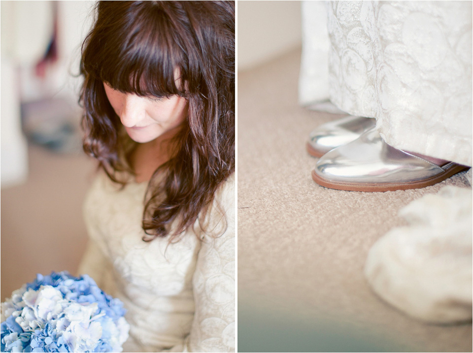 The bride wears a 1930s original vintage wedding gown for her village hall wedding in Scotland. Photography by Michelle Turnbull.