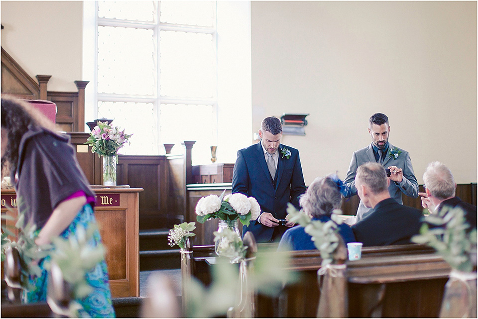 The bride wears a 1930s original vintage wedding gown for her village hall wedding in Scotland. Photography by Michelle Turnbull.