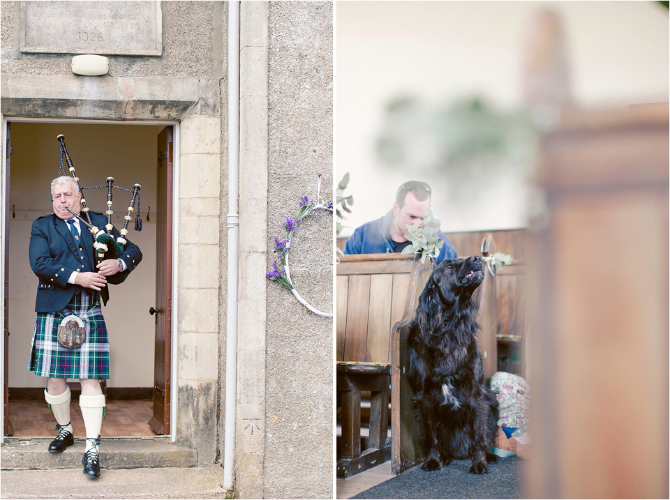 The bride wears a 1930s original vintage wedding gown for her village hall wedding in Scotland. Photography by Michelle Turnbull.