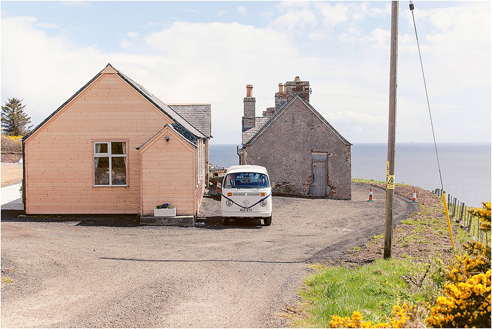 The bride wears a 1930s original vintage wedding gown for her village hall wedding in Scotland. Photography by Michelle Turnbull.