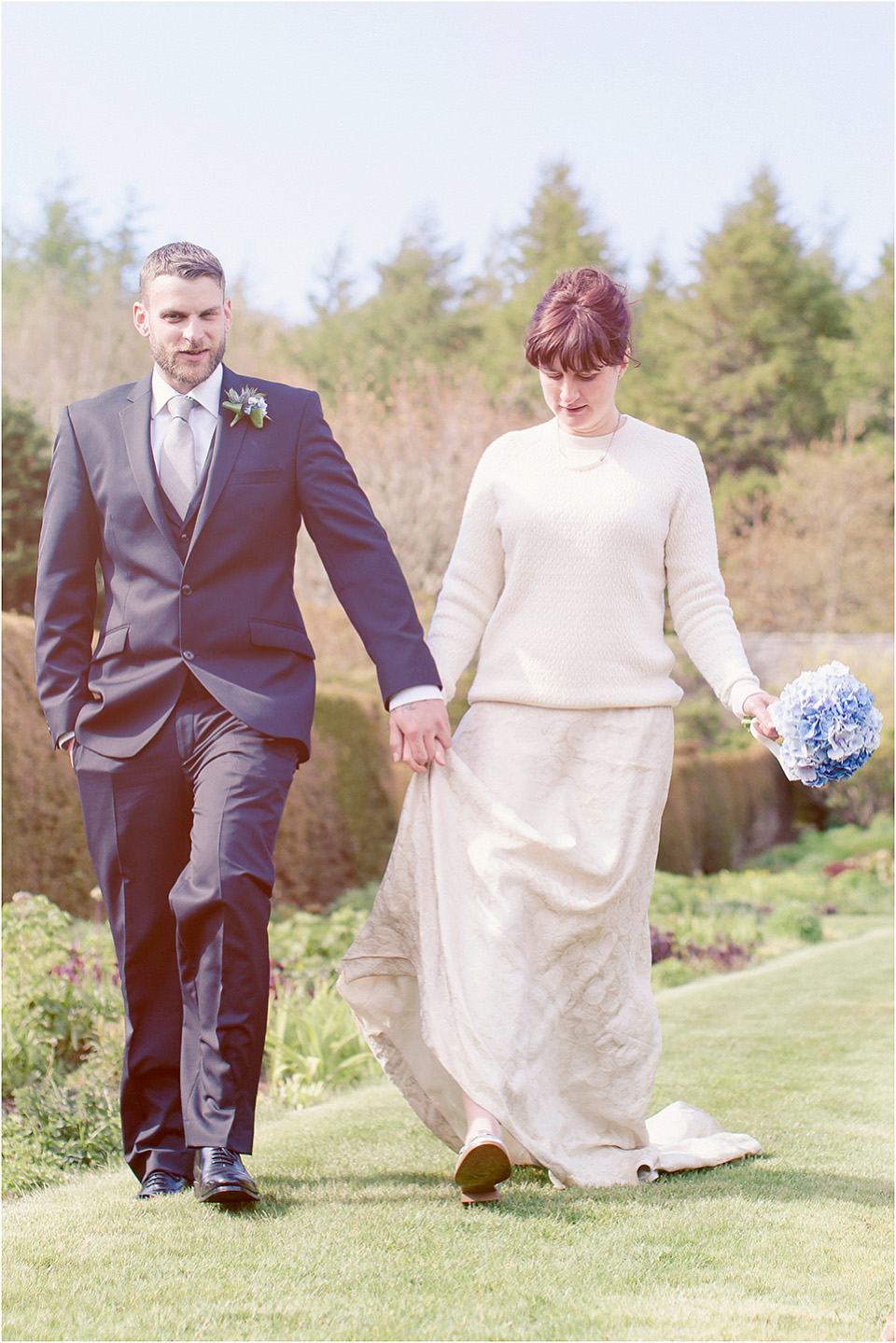 The bride wears a 1930s original vintage wedding gown for her village hall wedding in Scotland. Photography by Michelle Turnbull.