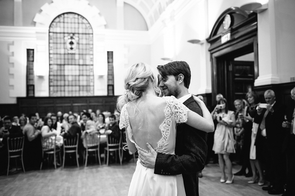 The bride wears a Rowanjoy dress and rose gold Twigs and Honey headpiece for her June wedding in Scotland. Photography by Caro Weiss.