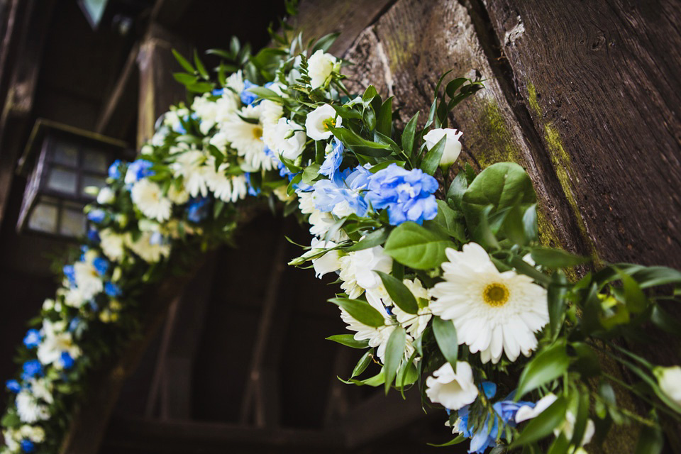 The bride wears a pale blue dress by Katya Katya Shehurina for her Spring, rural style wedding at Great Street Barn. Photography by Amy B.