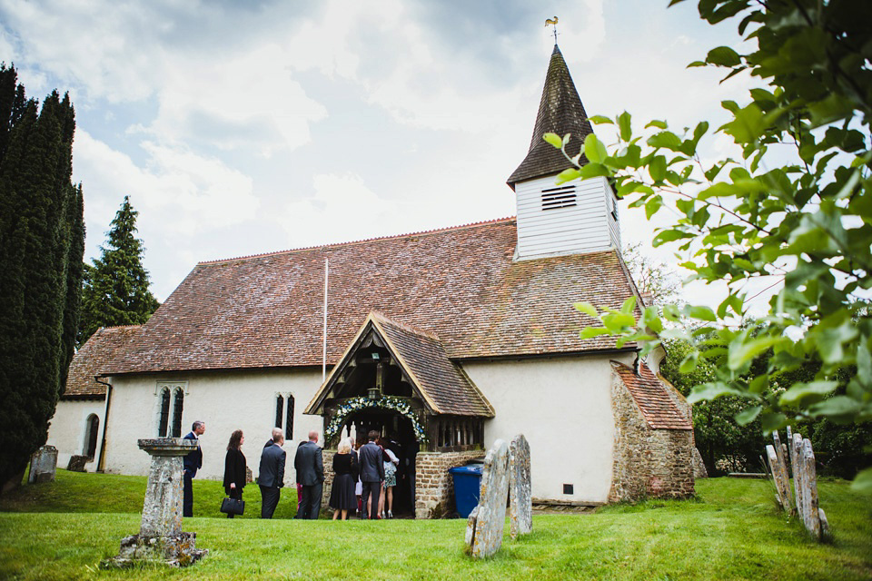 The bride wears a pale blue dress by Katya Katya Shehurina for her Spring, rural style wedding at Great Street Barn. Photography by Amy B.