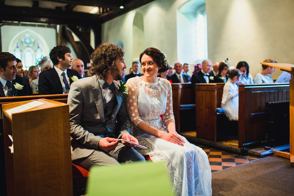 The bride wears a pale blue dress by Katya Katya Shehurina for her Spring, rural style wedding at Great Street Barn. Photography by Amy B.