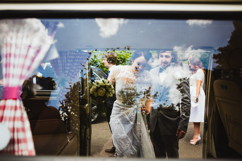 The bride wears a pale blue dress by Katya Katya Shehurina for her Spring, rural style wedding at Great Street Barn. Photography by Amy B.