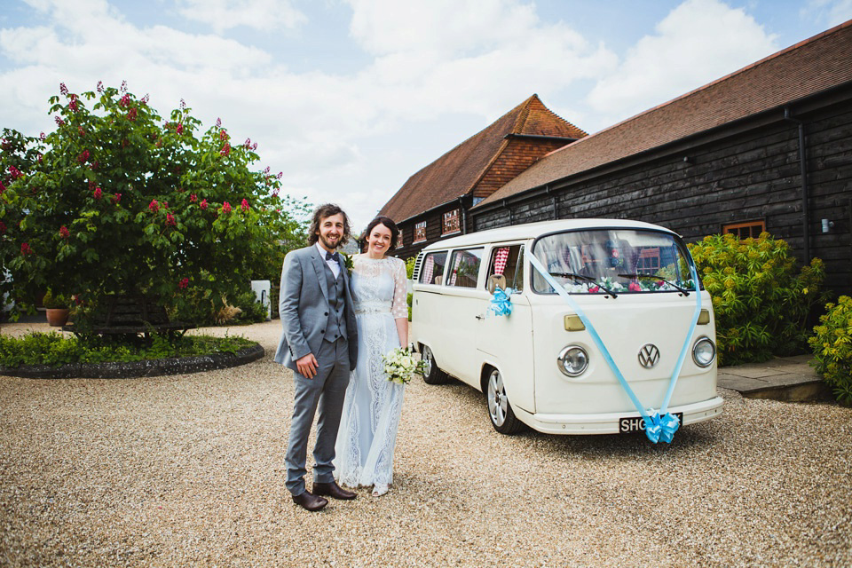 The bride wears a pale blue dress by Katya Katya Shehurina for her Spring, rural style wedding at Great Street Barn. Photography by Amy B.