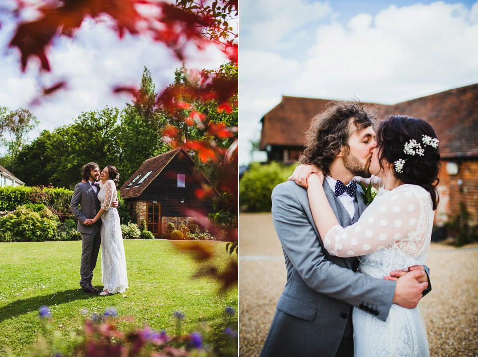 The bride wears a pale blue dress by Katya Katya Shehurina for her Spring, rural style wedding at Great Street Barn. Photography by Amy B.