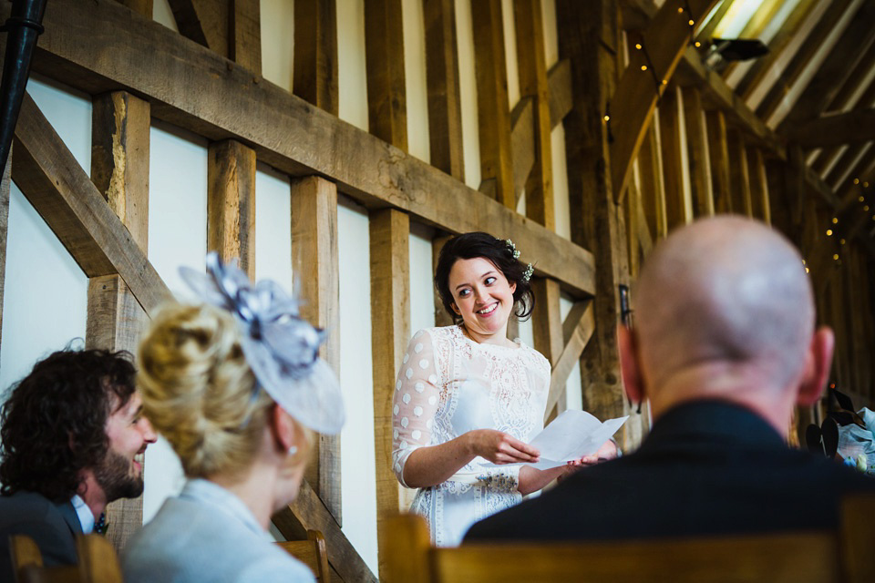 The bride wears a pale blue dress by Katya Katya Shehurina for her Spring, rural style wedding at Great Street Barn. Photography by Amy B.