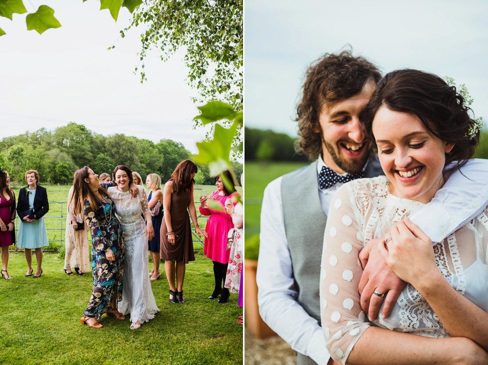 The bride wears a pale blue dress by Katya Katya Shehurina for her Spring, rural style wedding at Great Street Barn. Photography by Amy B.