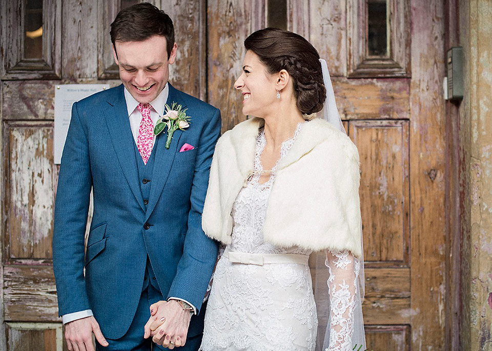 The bride wears Temperley London for her Wiltons Music Hall wedding in London. Photography by Razia Jukes.