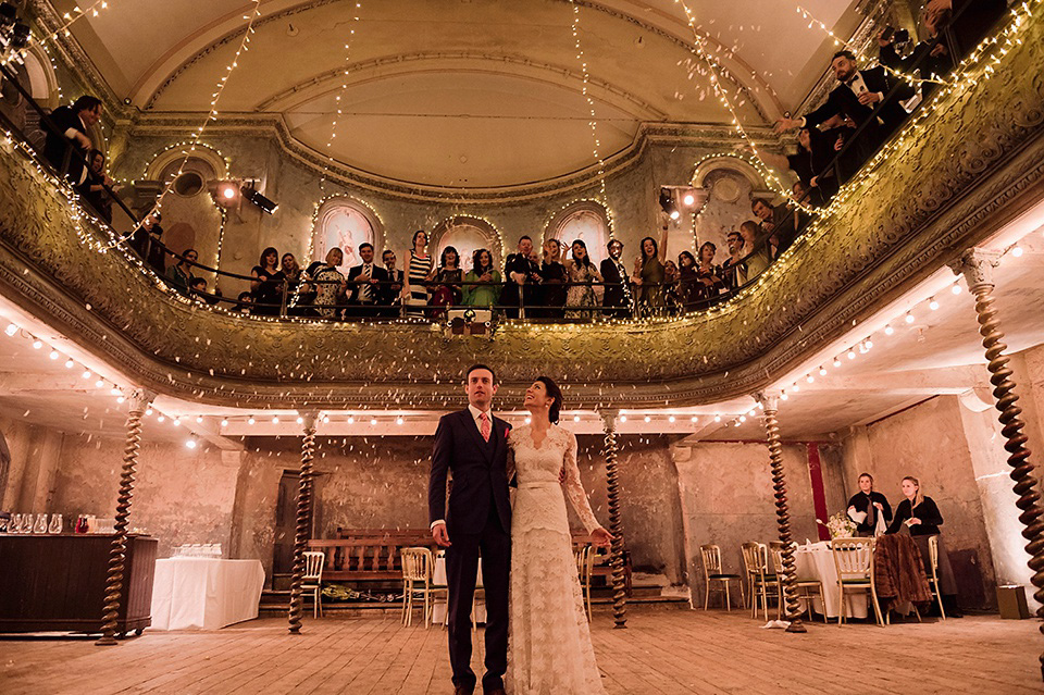 The bride wears Temperley London for her Wiltons Music Hall wedding in London. Photography by Razia Jukes.