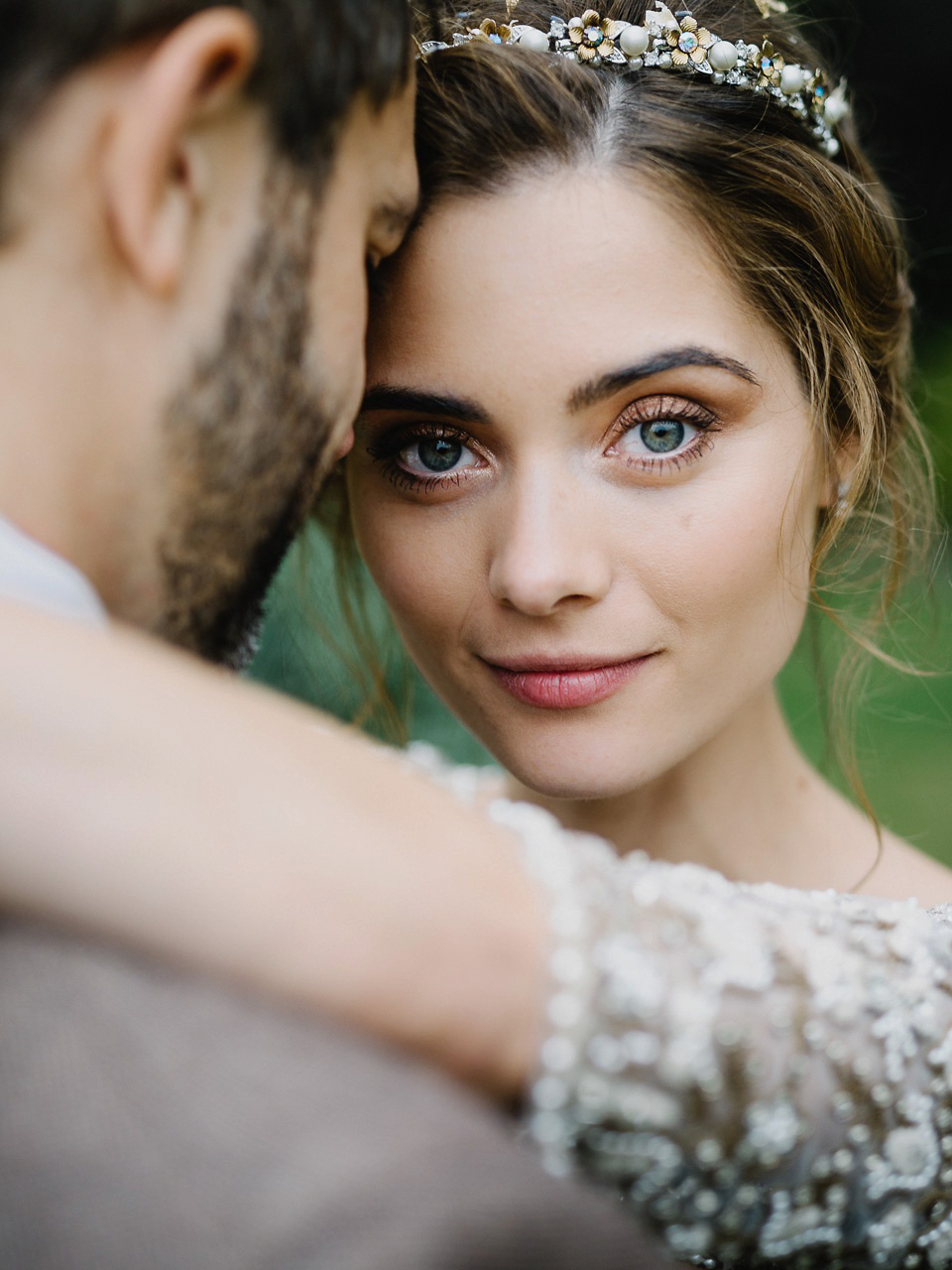 Bride Thea wears a Halfpenny London gown for her laid back dinner party wedding. Photography by John Barwood.