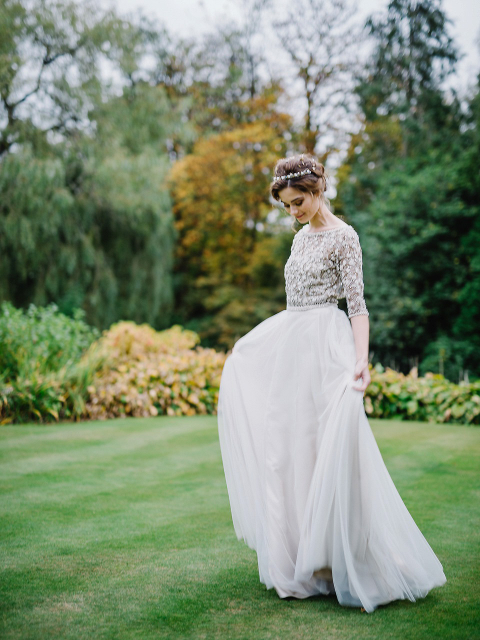 Bride Thea wears a Halfpenny London gown for her laid back dinner party wedding. Photography by John Barwood.