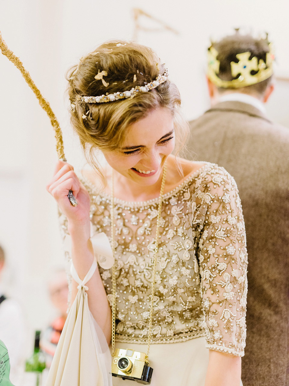 Bride Thea wears a Halfpenny London gown for her laid back dinner party wedding. Photography by John Barwood.