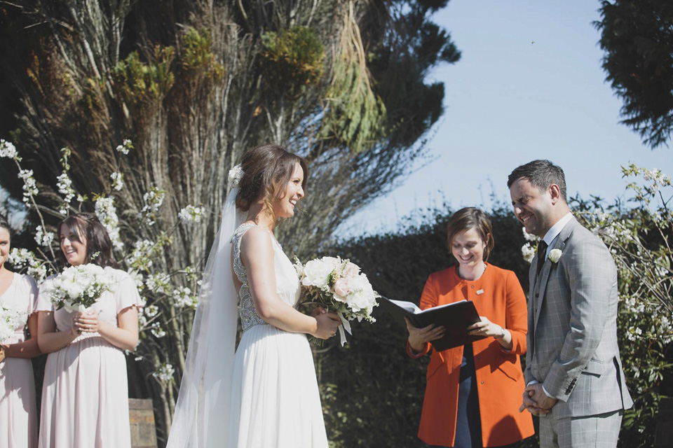 A grecian style gown by Jenny Packham for a rustic inspired Italian Scottish Humanist barn wedding. Images by Mirrorbox Photography.