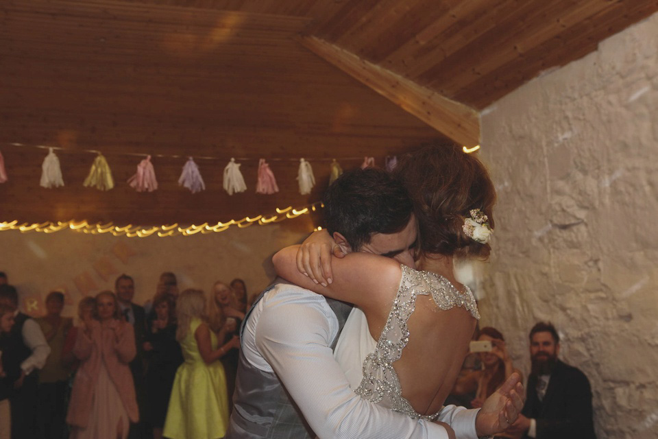 A grecian style gown by Jenny Packham for a rustic inspired Italian Scottish Humanist barn wedding. Images by Mirrorbox Photography.