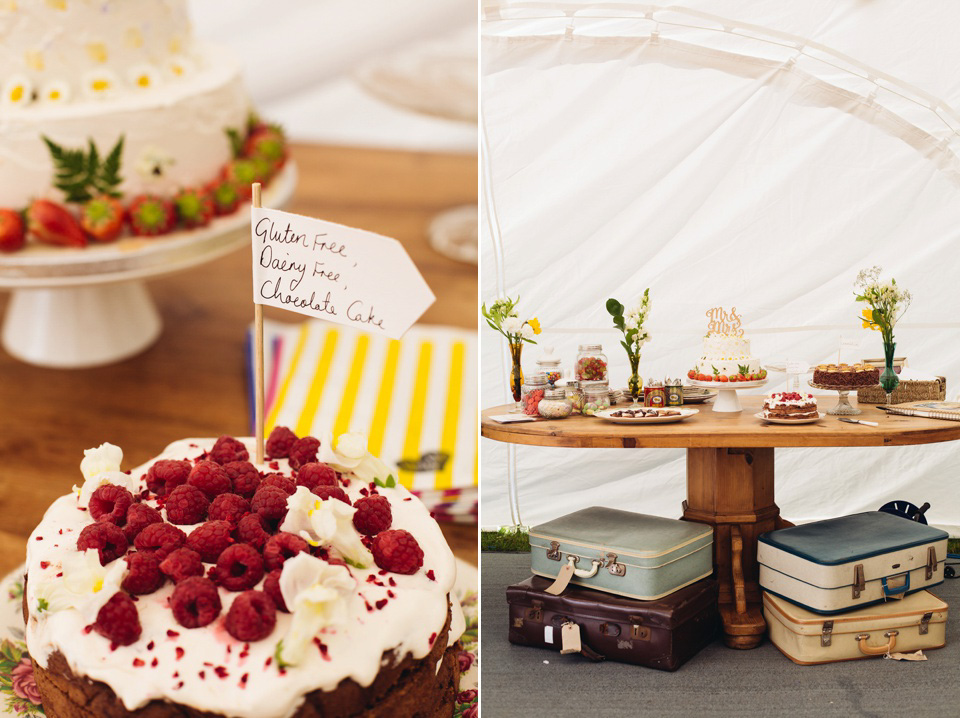 The bride wears a top and skirt for her charming orchard wedding. Photography by Cat Lane.