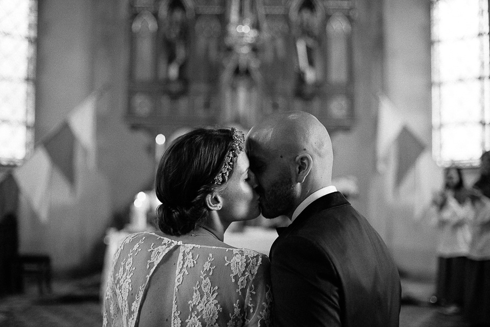 The bride wears Sarah Seven and a Ru de Seine lace blouse for her Boho Rustic Bavarian Farmhouse wedding. Photography by Kevin Klein.