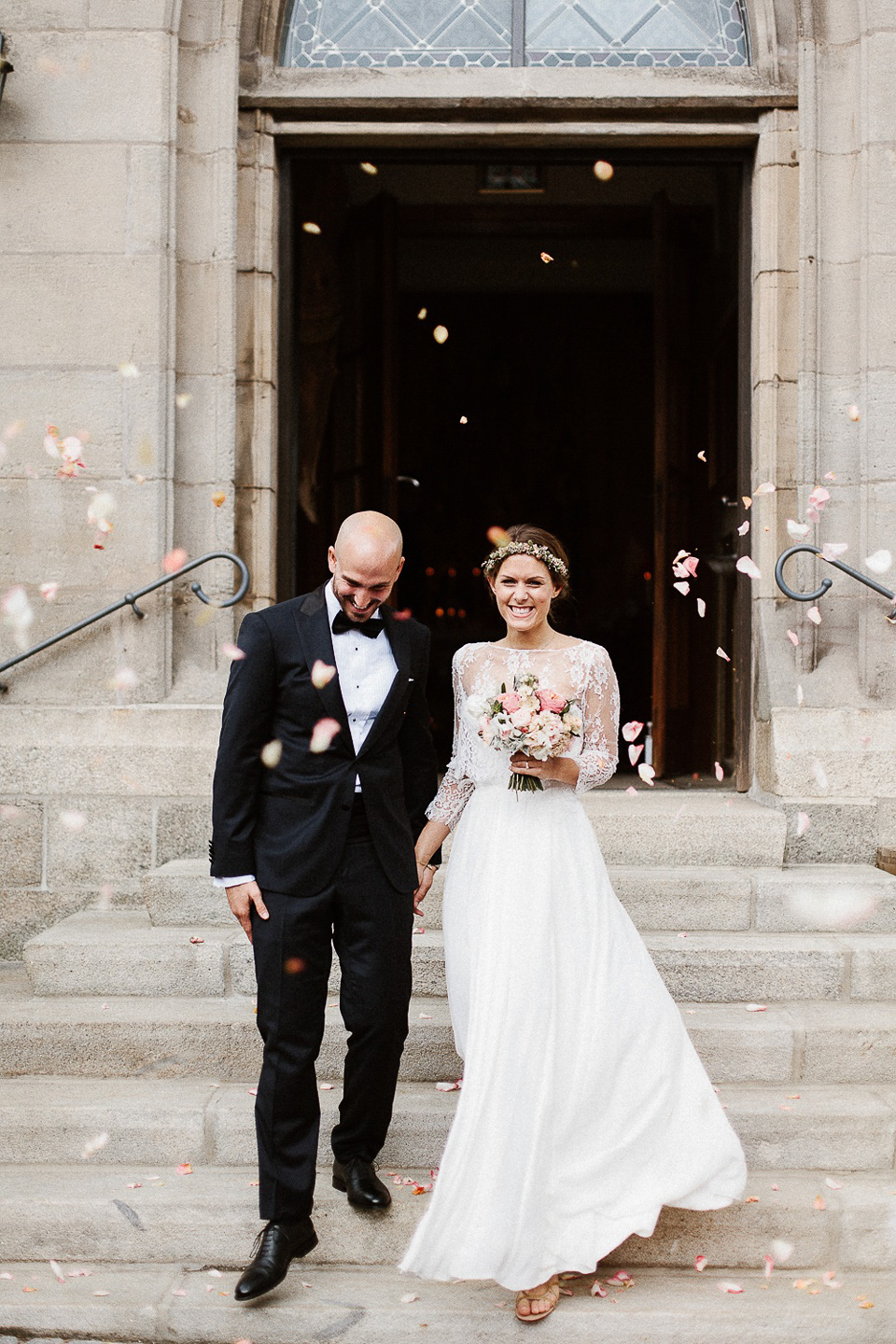 The bride wears Sarah Seven and a Ru de Seine lace blouse for her Boho Rustic Bavarian Farmhouse wedding. Photography by Kevin Klein.