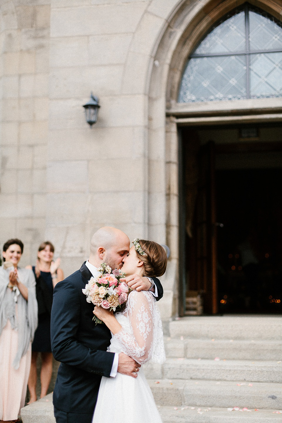 The bride wears Sarah Seven and a Ru de Seine lace blouse for her Boho Rustic Bavarian Farmhouse wedding. Photography by Kevin Klein.