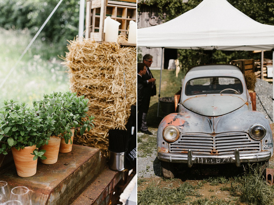 The bride wears Sarah Seven and a Ru de Seine lace blouse for her Boho Rustic Bavarian Farmhouse wedding. Photography by Kevin Klein.