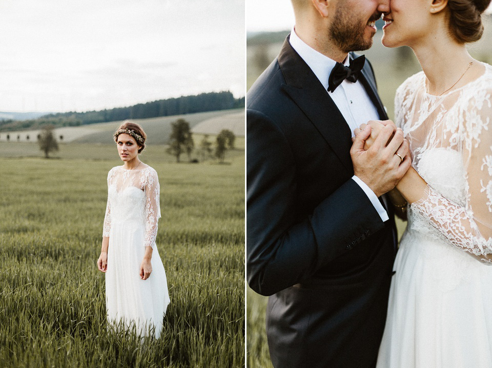 The bride wears Sarah Seven and a Ru de Seine lace blouse for her Boho Rustic Bavarian Farmhouse wedding. Photography by Kevin Klein.