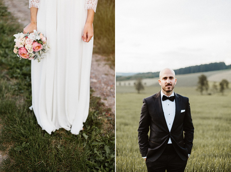 The bride wears Sarah Seven and a Ru de Seine lace blouse for her Boho Rustic Bavarian Farmhouse wedding. Photography by Kevin Klein.