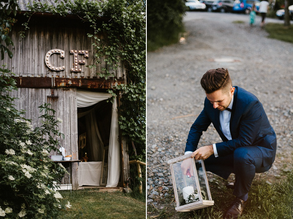 The bride wears Sarah Seven and a Ru de Seine lace blouse for her Boho Rustic Bavarian Farmhouse wedding. Photography by Kevin Klein.