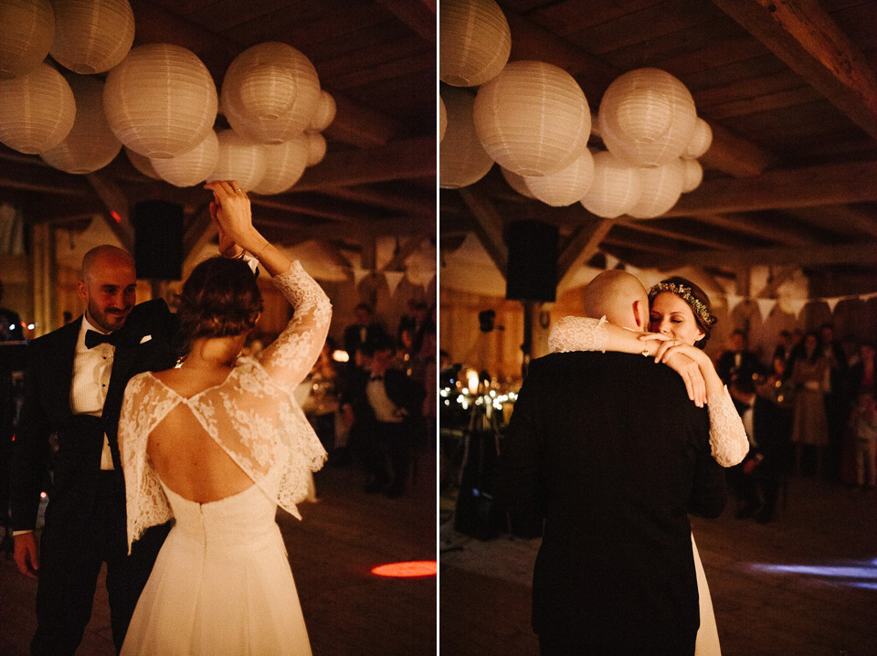 The bride wears Sarah Seven and a Ru de Seine lace blouse for her Boho Rustic Bavarian Farmhouse wedding. Photography by Kevin Klein.