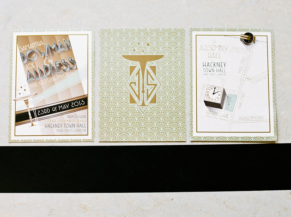 A 1930's Art Deco inspired wedding at The Assembly Rooms in London. Images shot on 35mm film by Peachey Photography.